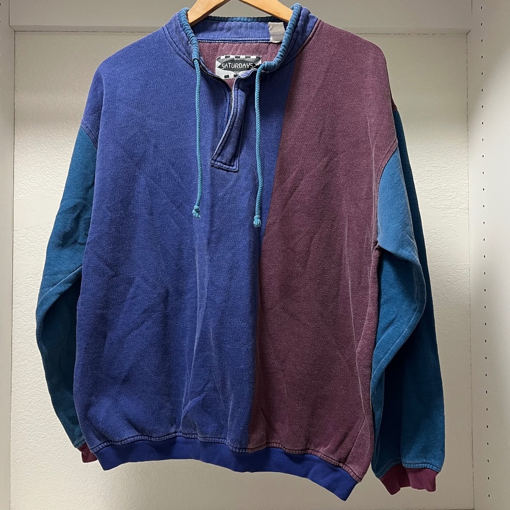 SATURDAYS Men's XL Burgundy Purple Blue COLOR BLOCK Pullover Jacket RARE VINTAGE